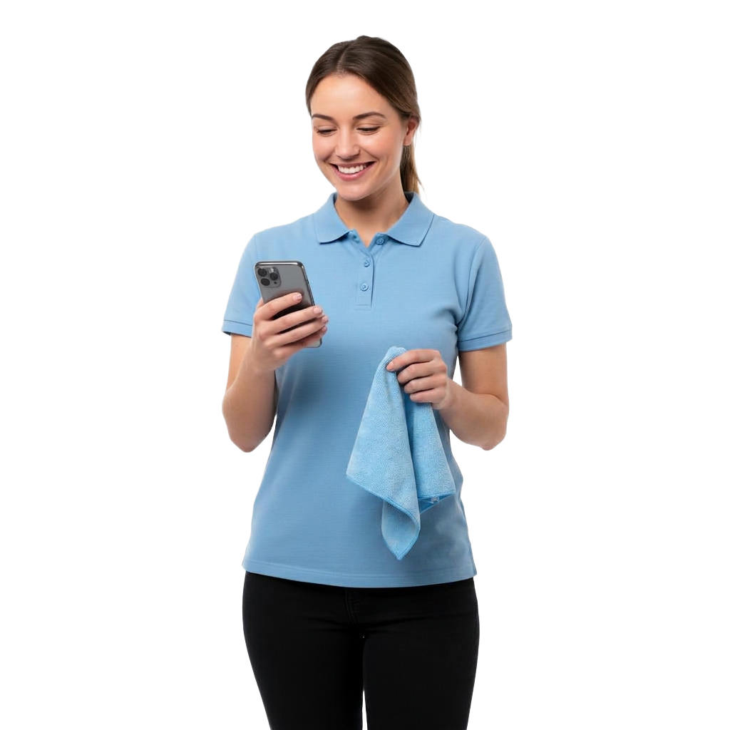 Professional cleaner reviewing opportunities on her phone